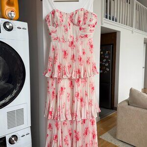 Self Portrait Floral Tiered Chiffon Midi Dress White/Pink Women’s 2